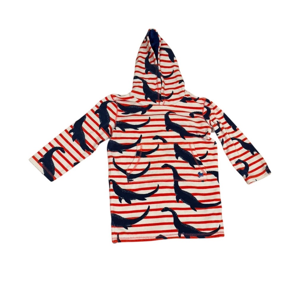Mini Boden Boys Loch Ness Monster Striped Hoodie Red Navy Blue Size 7-8Y